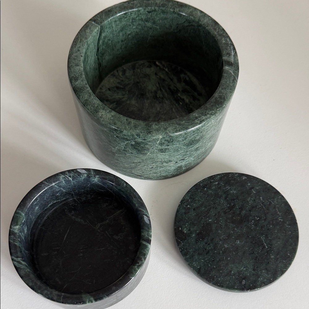 Green Solid Marble Round Trinket Boxes One with Lid Heavy marble